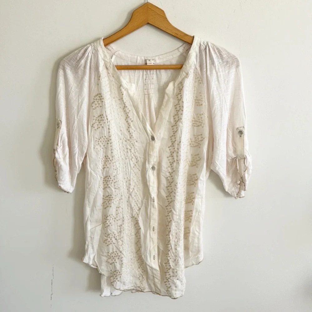 Anthropologie tiny cream button down tunic top with gold metallic embroidery XL